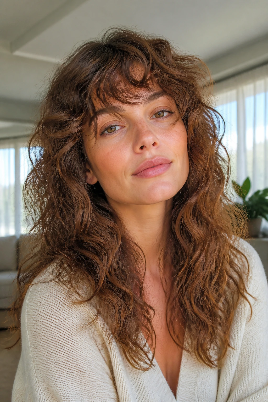 Close-up portrait of a real woman with curly-wavy hybrid shag in sunlit living room light