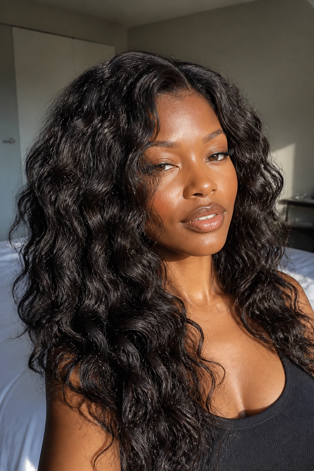 Close-up of a Black woman with curly-wavy stretch-set texture