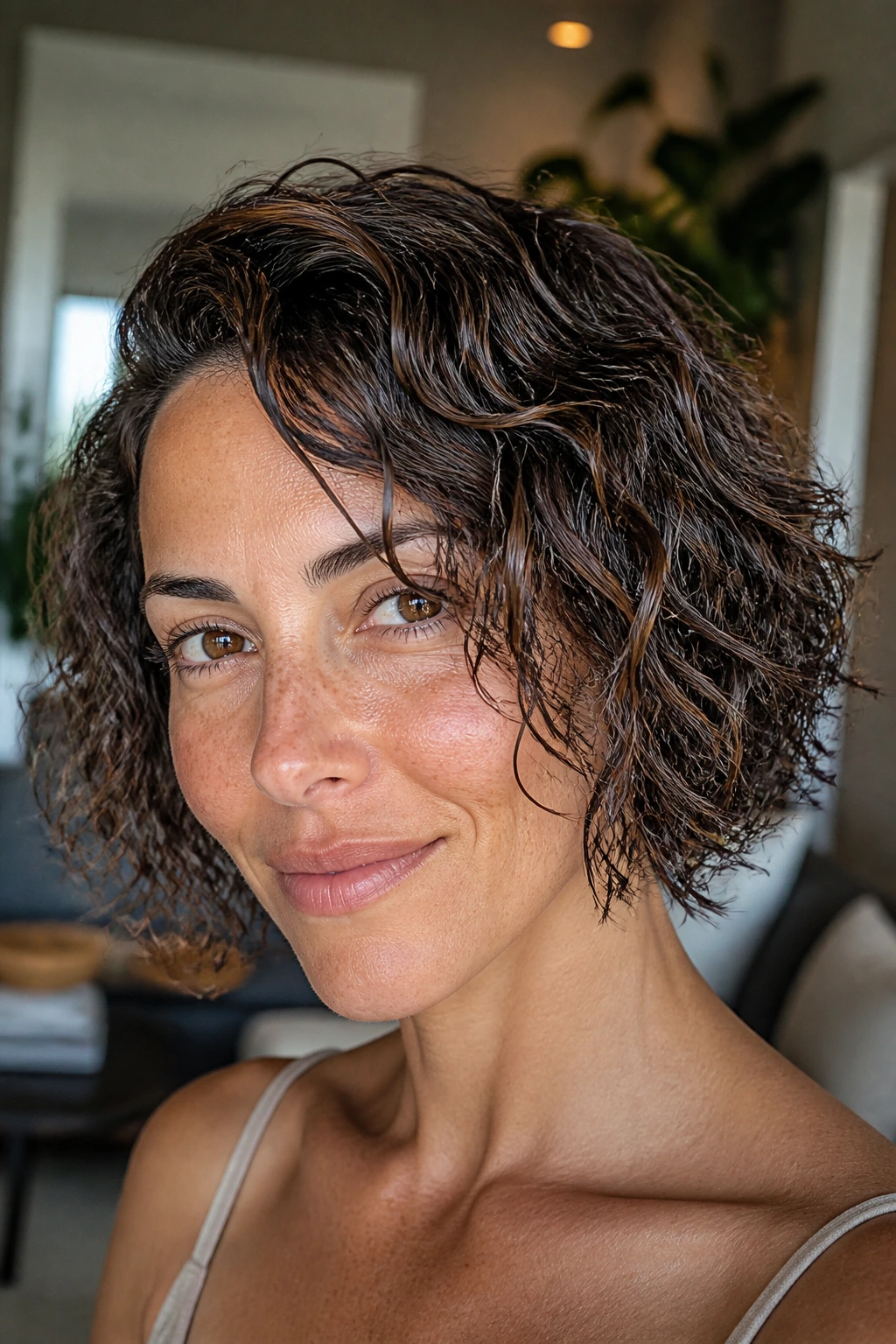 Portrait of a real woman with mixed curly and wavy hair texture