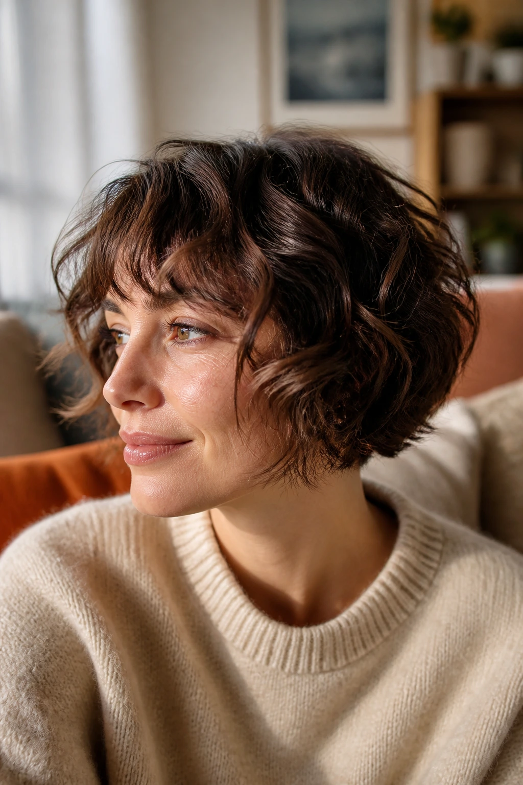 Close-up portrait of a real woman with a curly wispy bob featuring feathered ends and soft layers.
