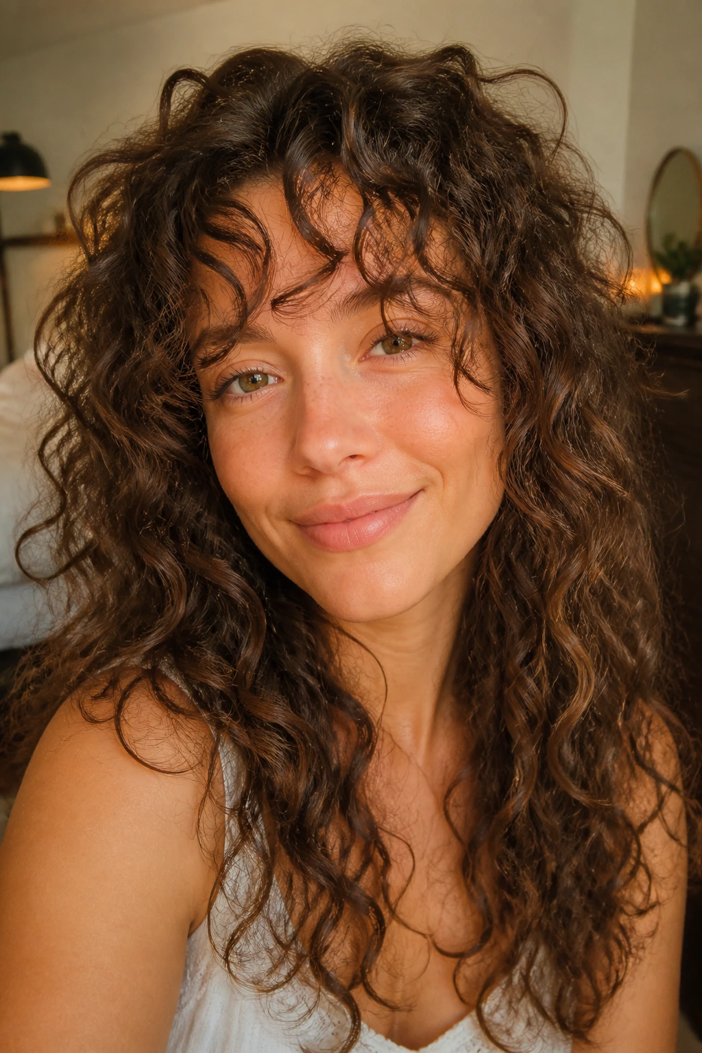 Close-up portrait of a woman with curly wispy fringe in warm window light