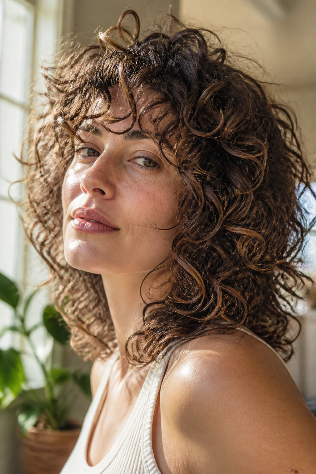 Real woman with curly wispy layered cut showing defined curls.
