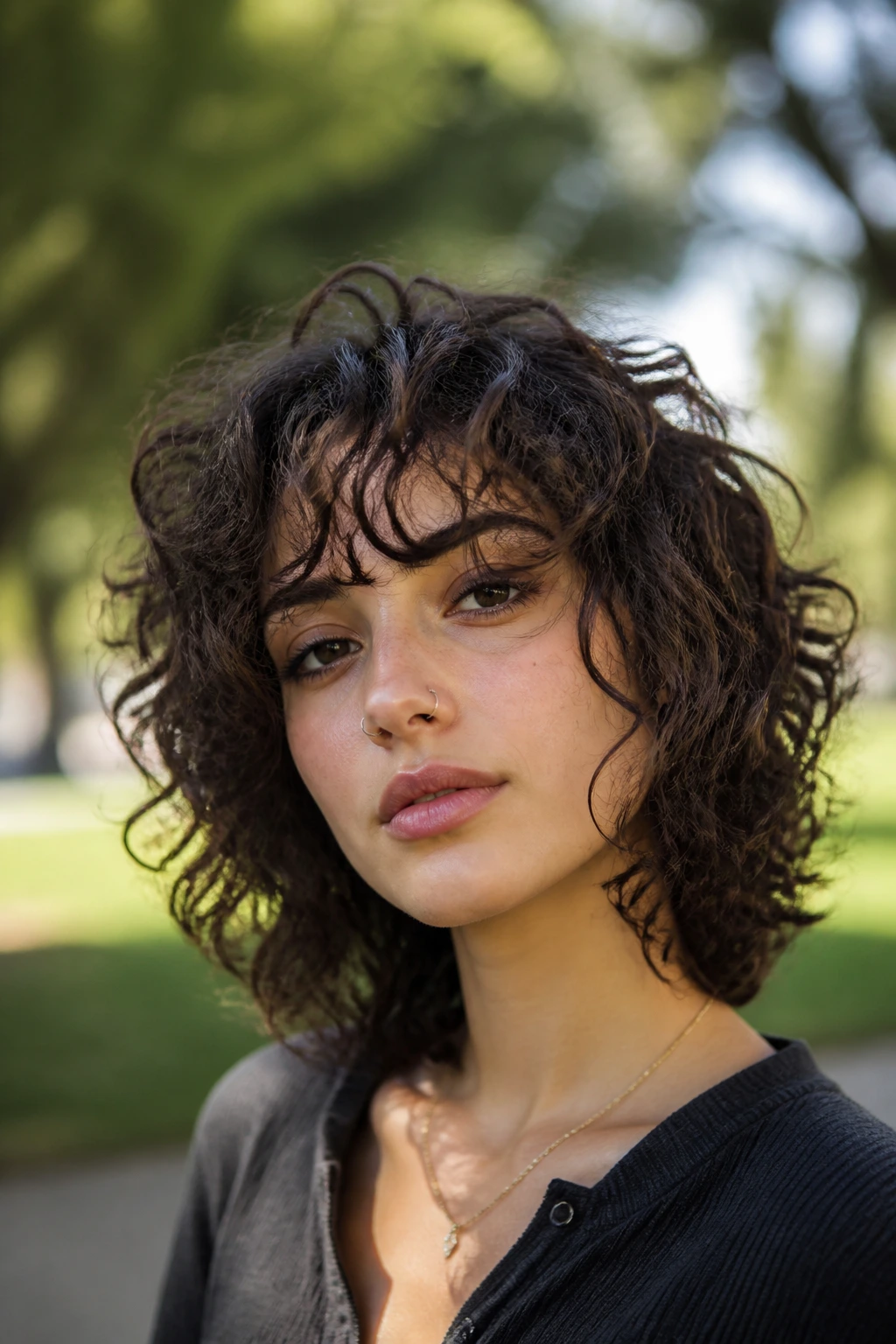 Close-up portrait of a real woman with curly wolf bob and curly curtain bangs in a park