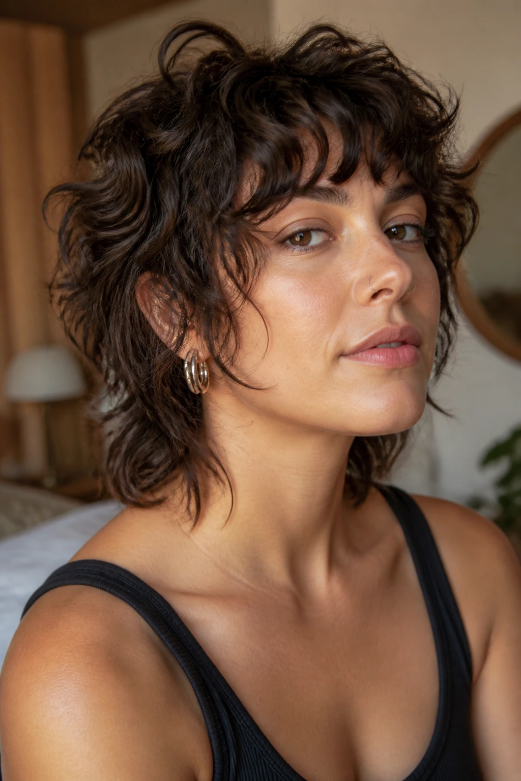 Real-person portrait showing a curly wolf crop with uneven face-framing pieces.