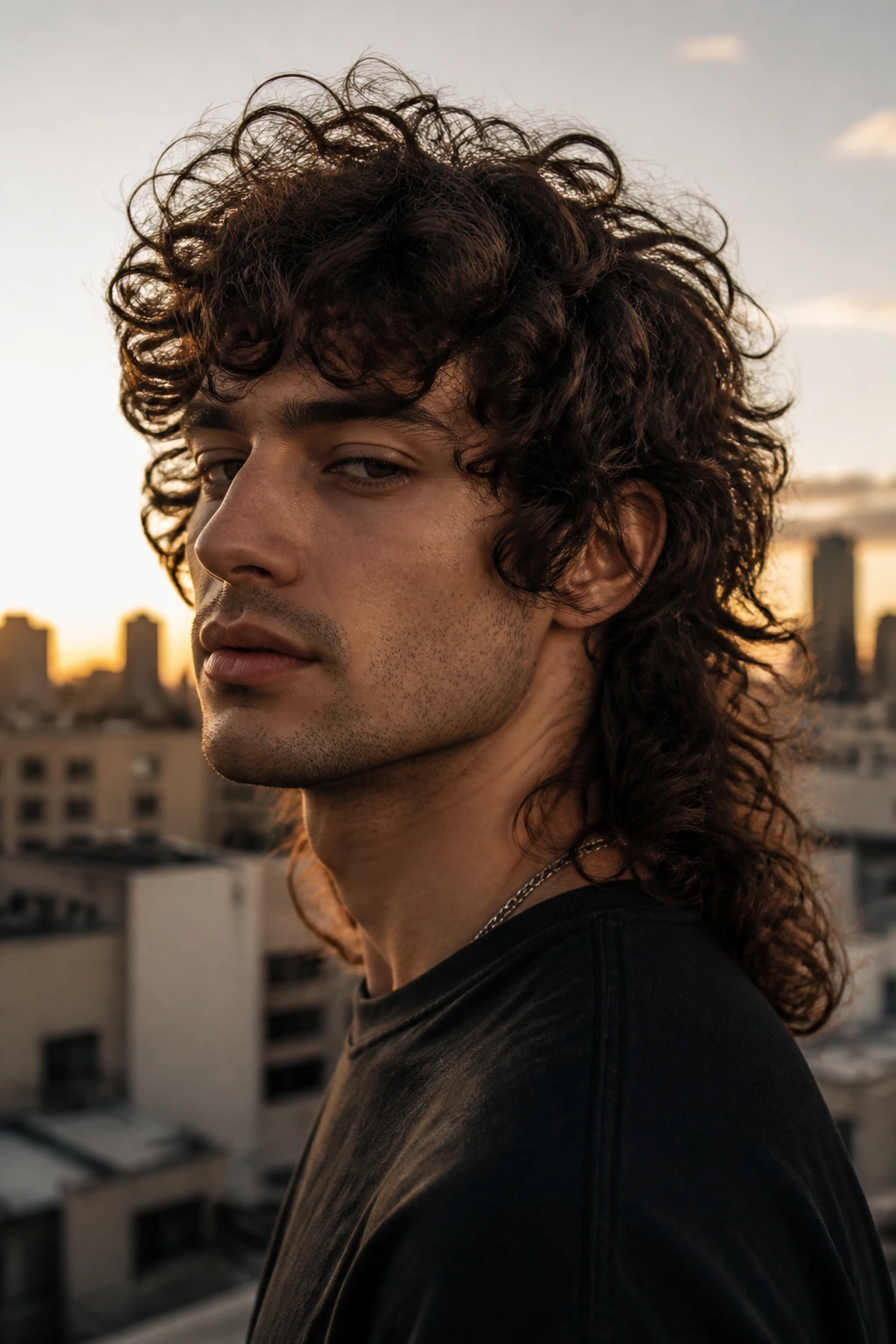 Man with curly wolf cut on urban rooftop
