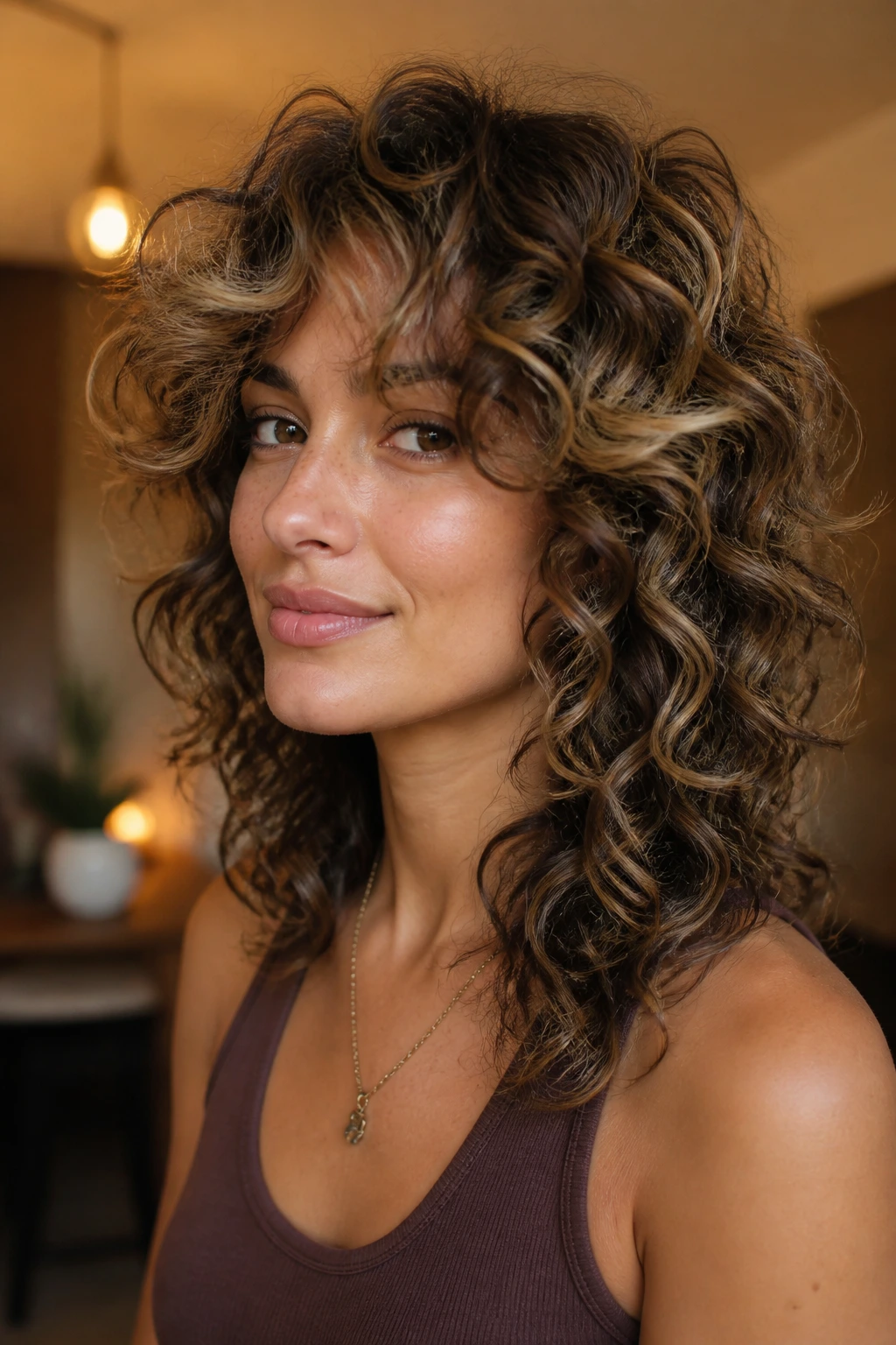 Real woman with curly wolf cut balayage in warm indoor light