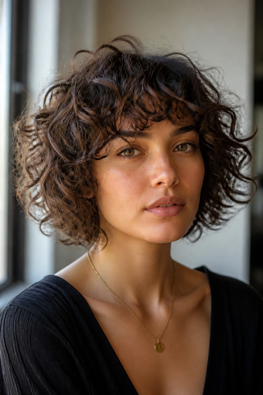 Close-up of a real woman with curly wolf cut bob