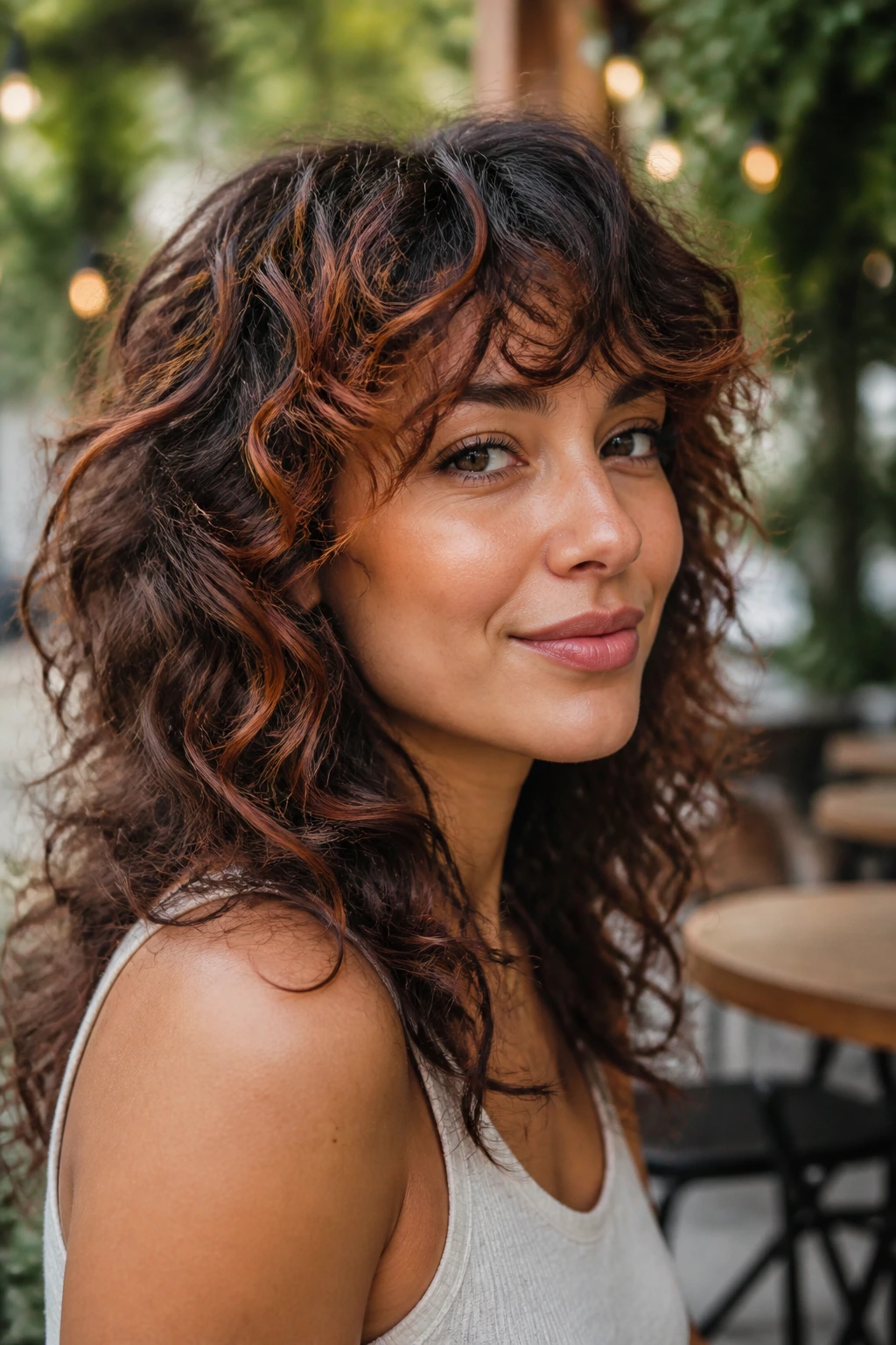 Brunette with curly wolf cut and copper highlights