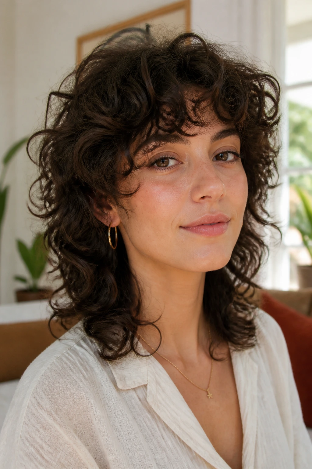 Real person with curly wolf cut and coil-following fringe in window light