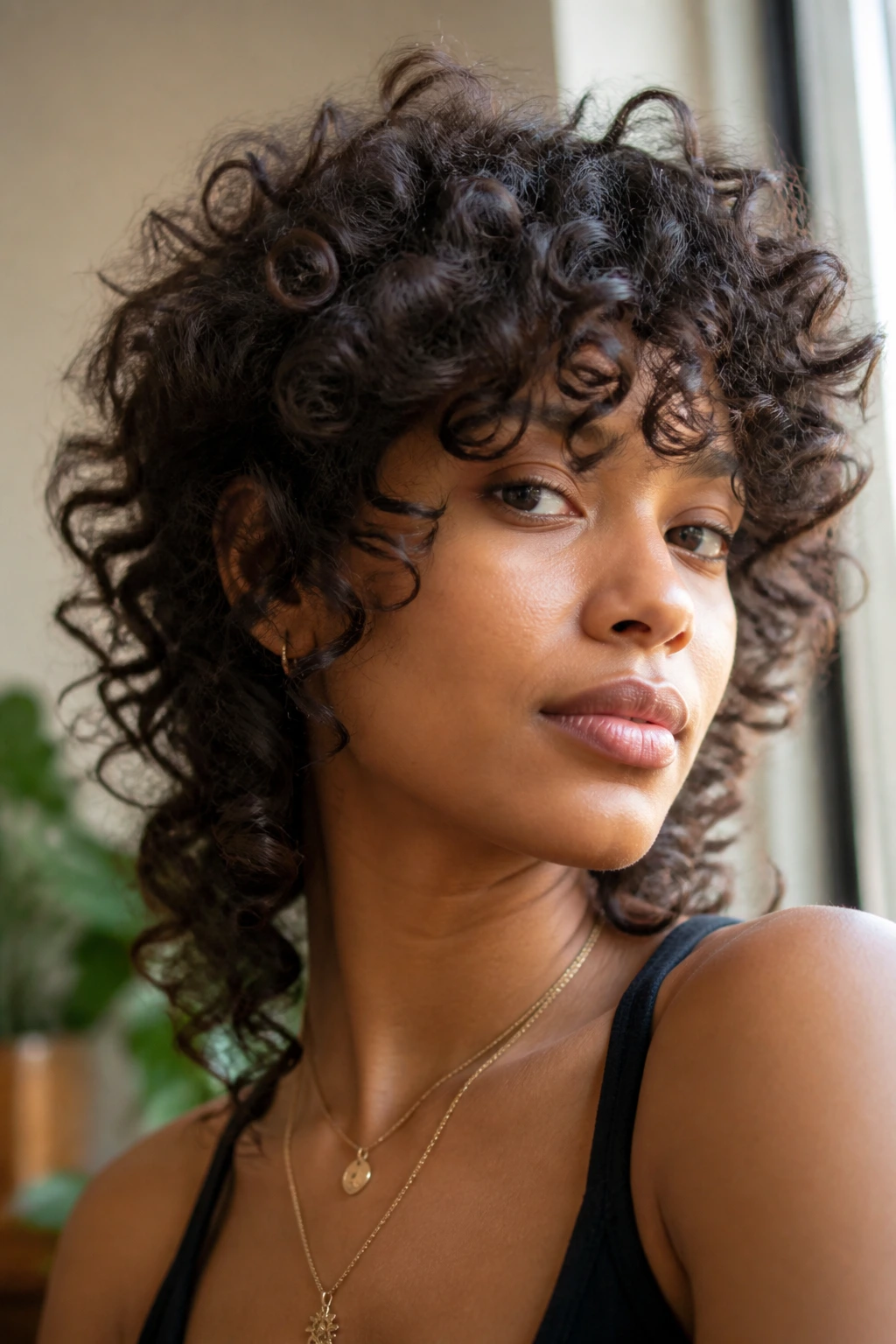 Close-up portrait of a real person with a curly wolf cut, hair above the cheekbone framing the face in a cozy living room.