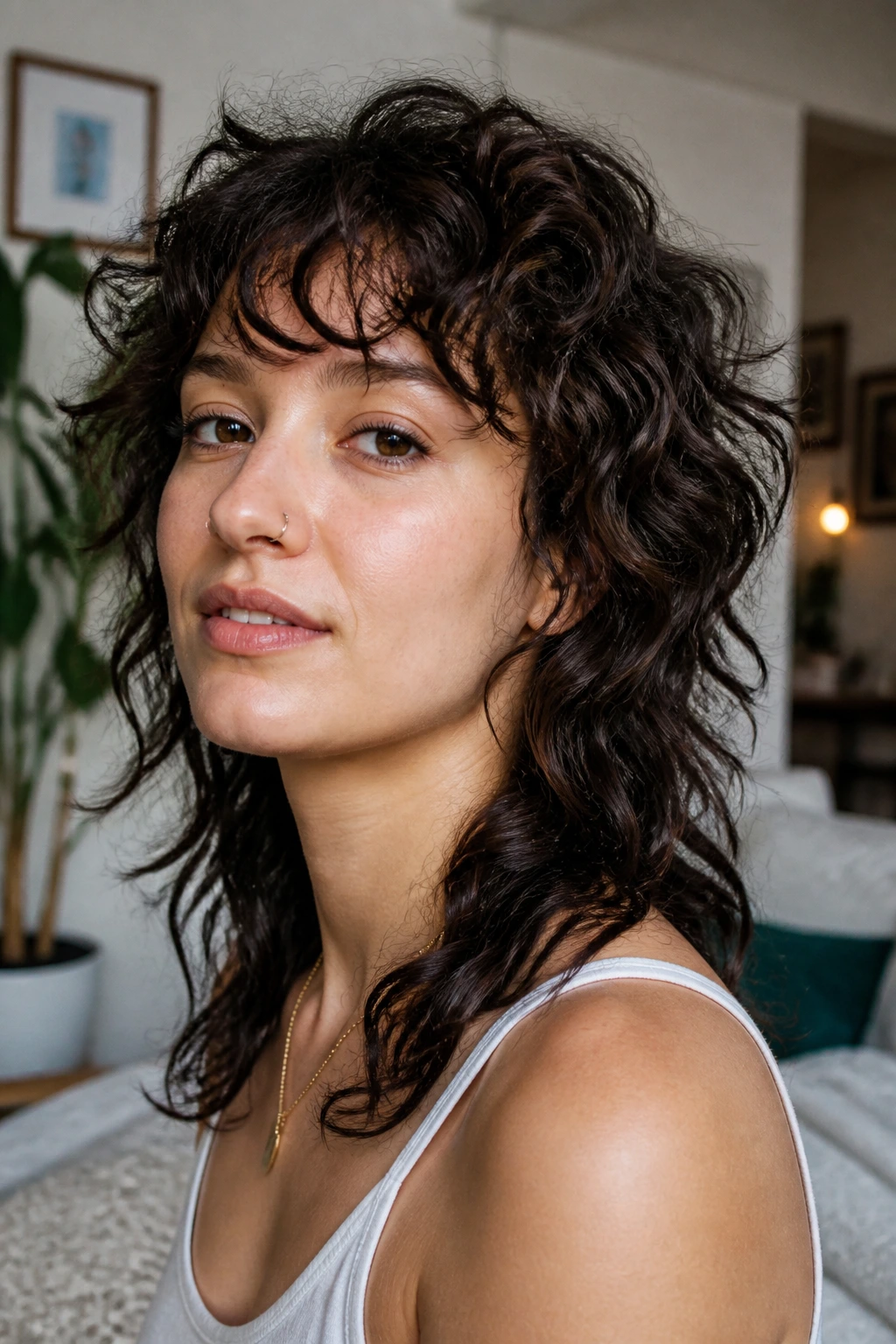 Real person with curly wolf cut hairstyle