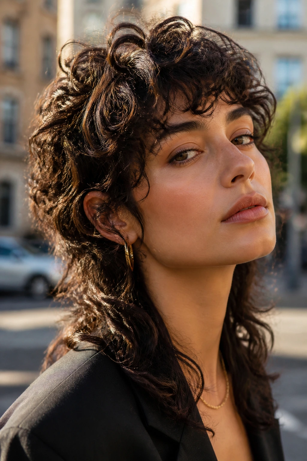 Real woman with curly wolf cut lite showing shorter crown and longer back.