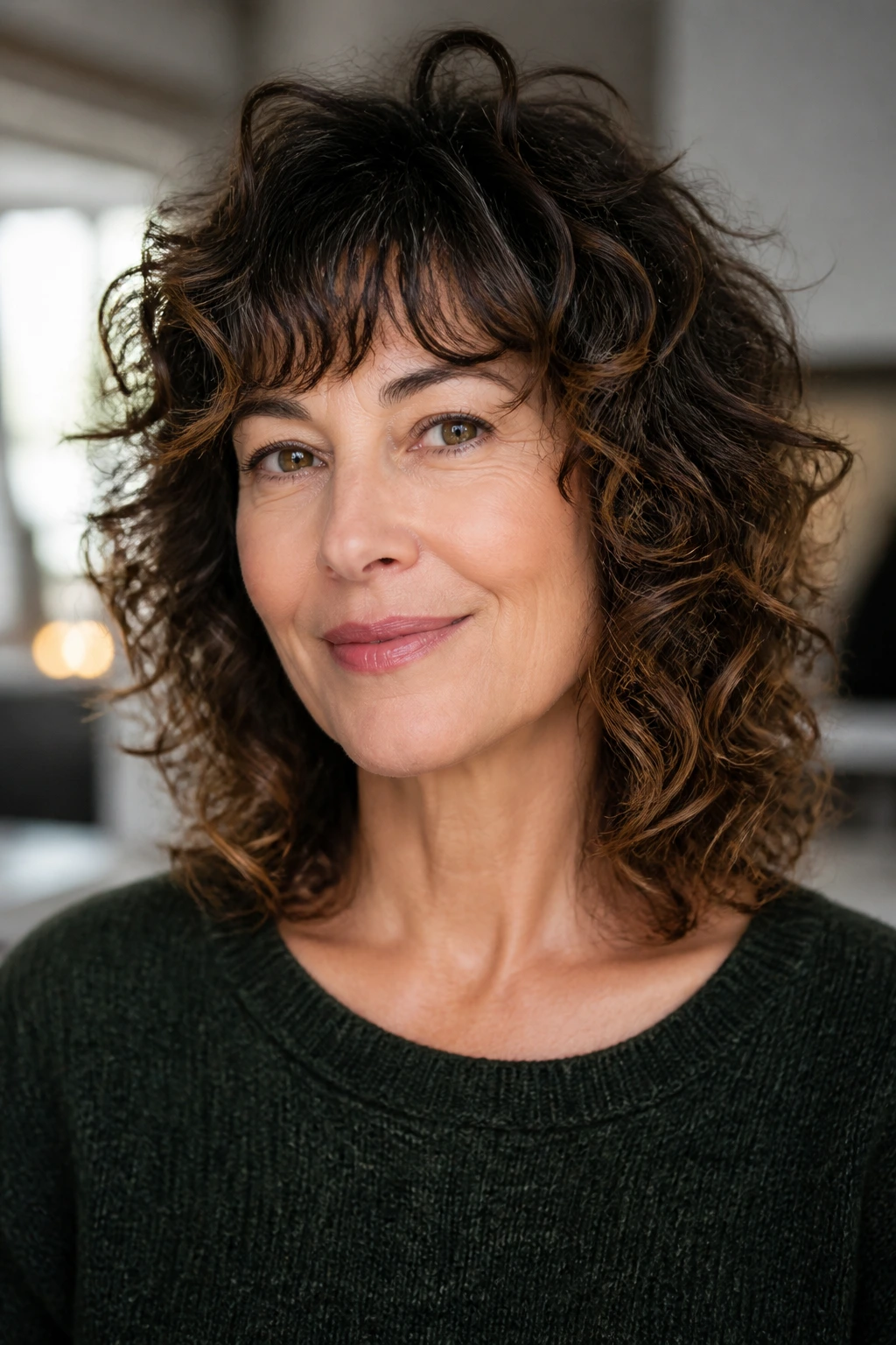 Real woman with curly wolf cut lite, airy crown layers and lively sides.