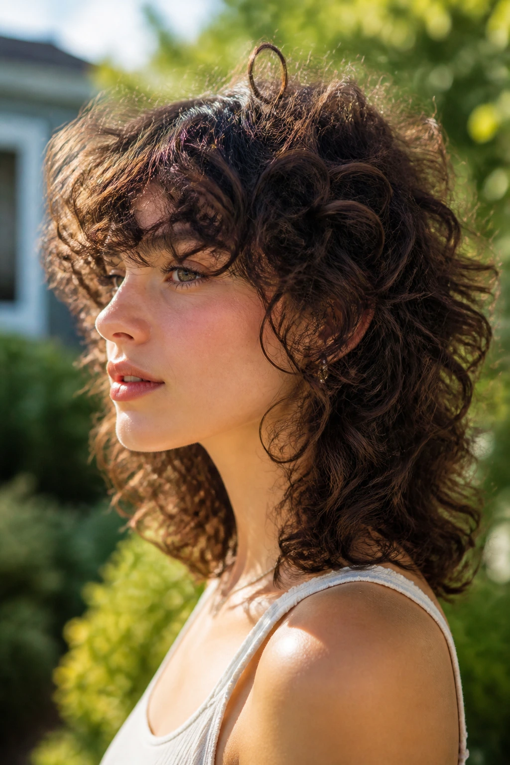 Portrait of a person with curly wolf cut featuring crown curls and layered ends