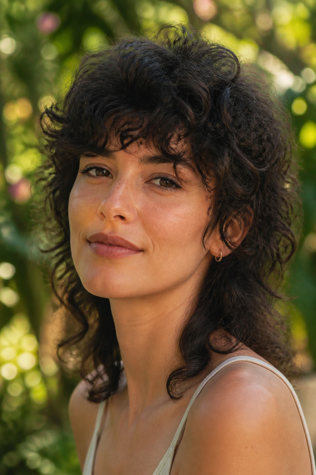 Portrait of a woman with curly wolf-cut mullet showing crown volume and textured back.