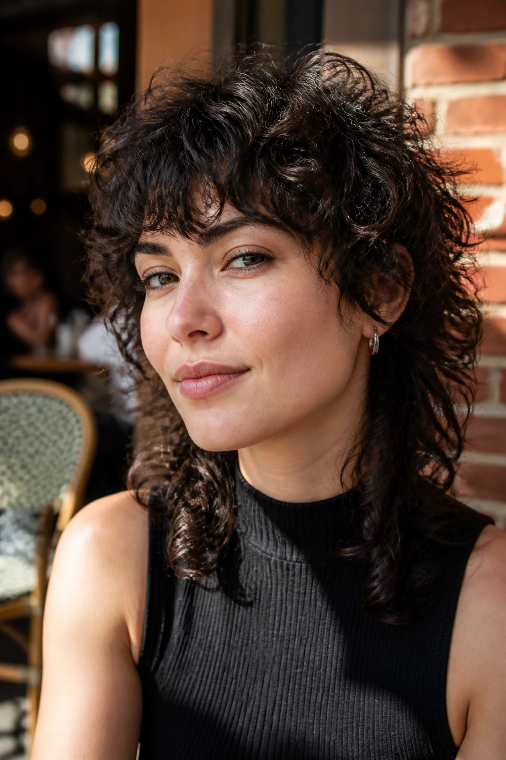 Curly Wolf Cut close-up portrait of a real person with elevated curls outdoors