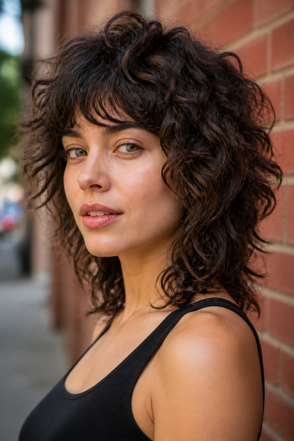 Close-up of a real woman with curly wolf cut hairstyle