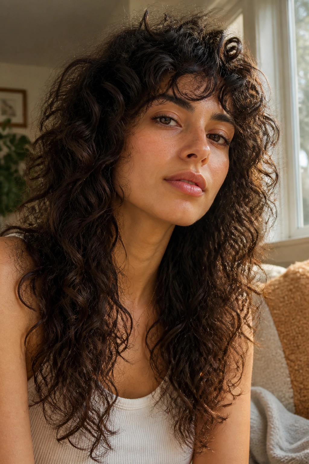 Close-up portrait of a real person with Curly Long Wolf Cut in sunlit living room