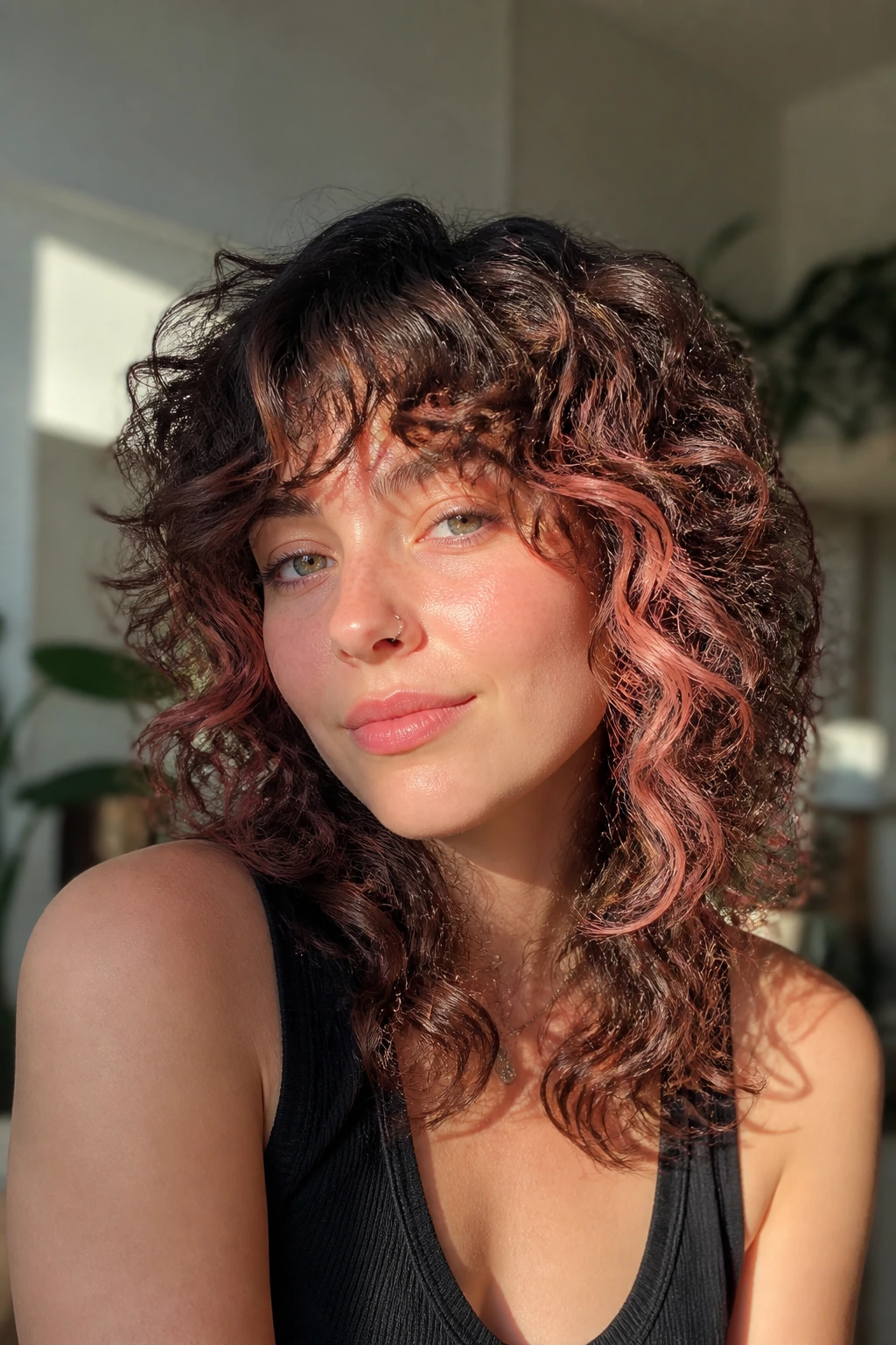 Close-up of curly wolf cut with rose gold peekaboo on curls