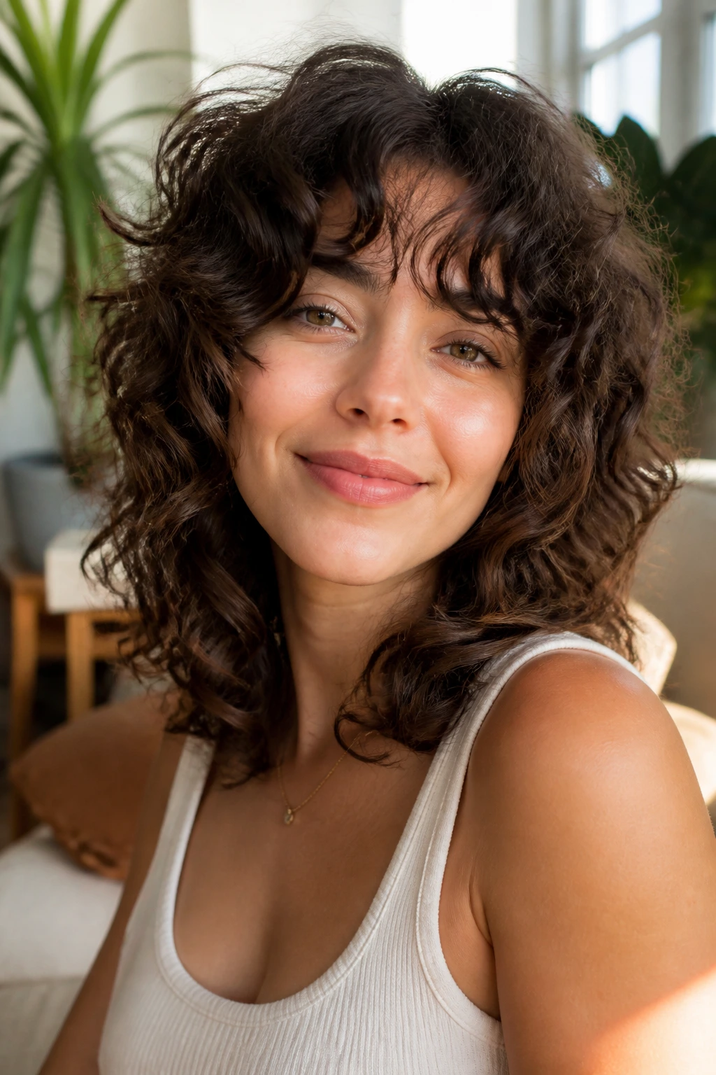 Close-up portrait of a real person with curly wolf cut and rounded layers