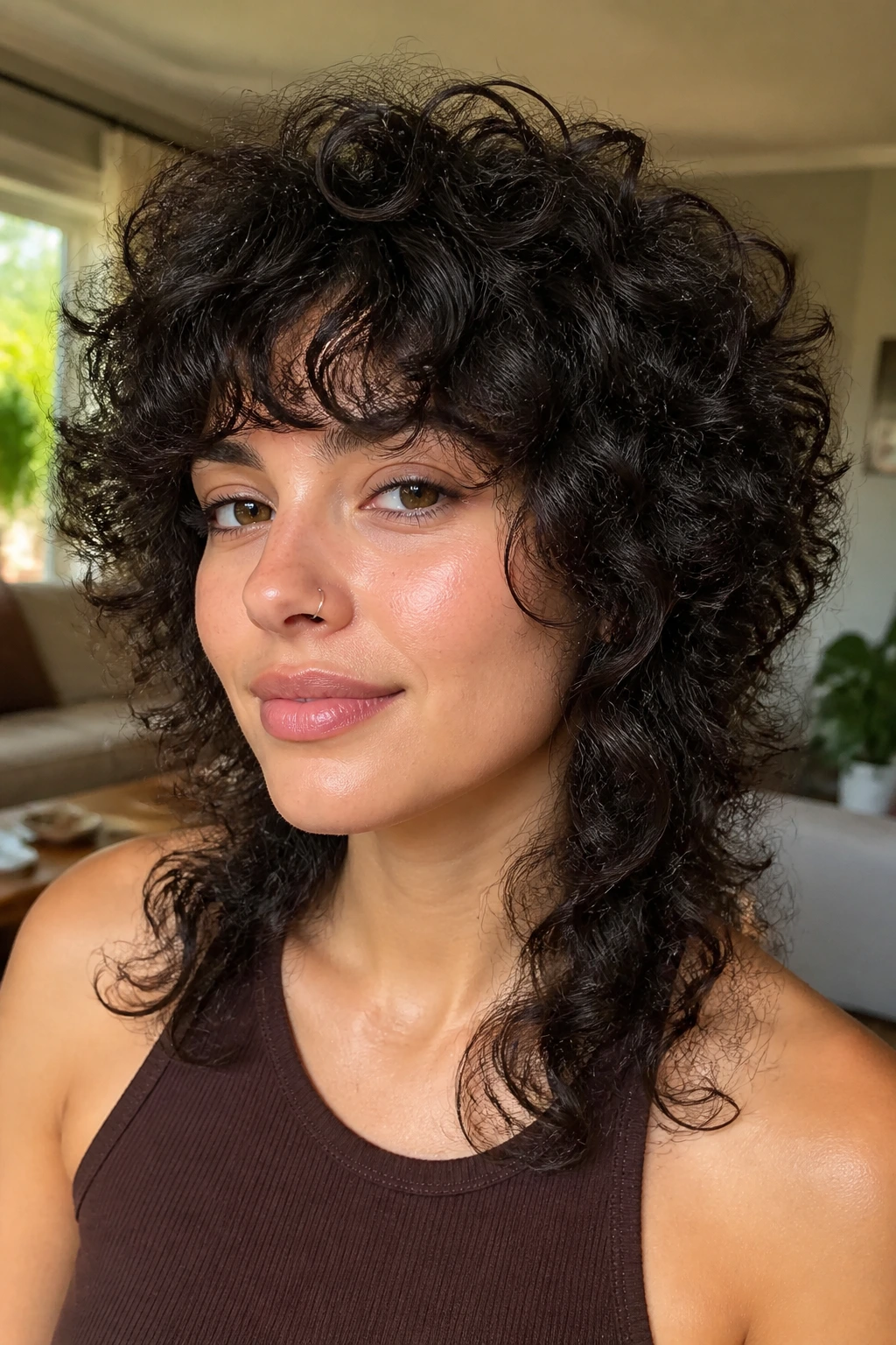 Portrait of a person with a curly wolf cut and rounded crown