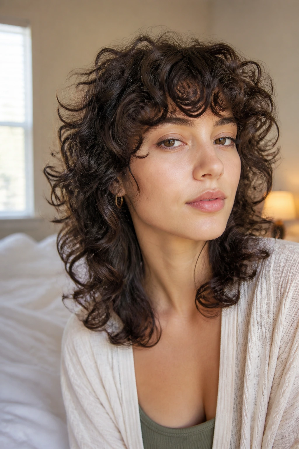 Close-up portrait of a real woman with Curly Wolf Cut with Rounded Ends, showing lifted crown and rounded curls.