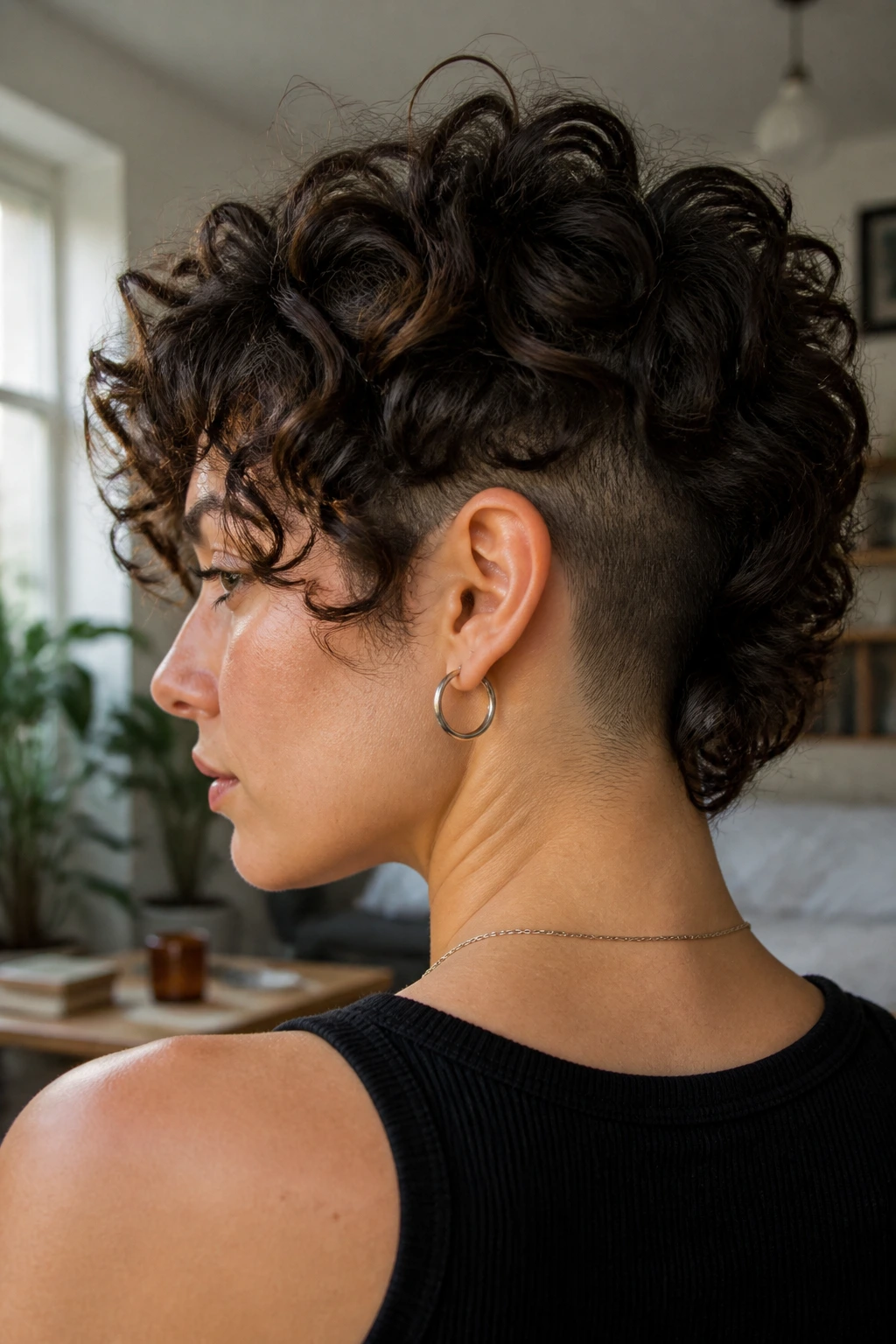 Close-up of a person with curly wolf cut and shaved nape