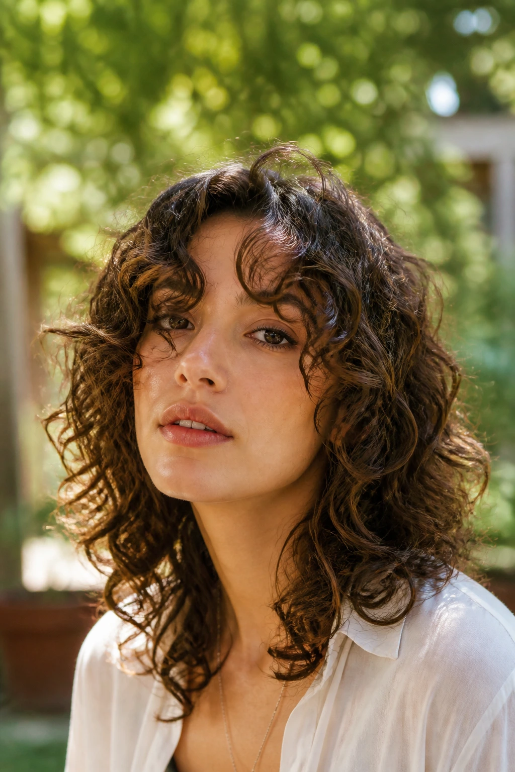 Close-up of a real person with curly wolf cut and split fringe