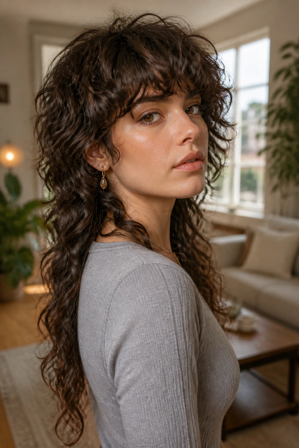 Real woman with curly wolf cut and long tail