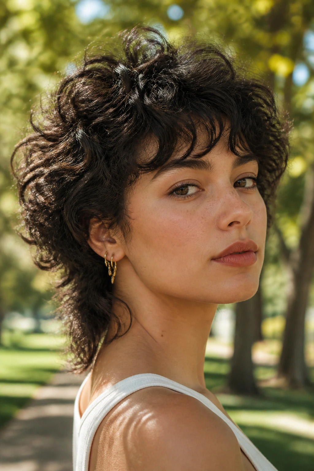 Portrait of a woman with curly wolf cut and tapered neck outdoors