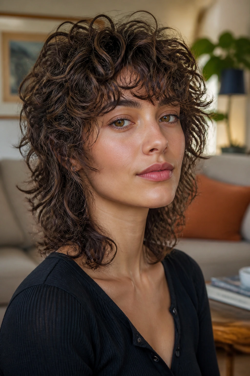 Close-up of a real woman with a voluminous curly wolf cut at shoulder length