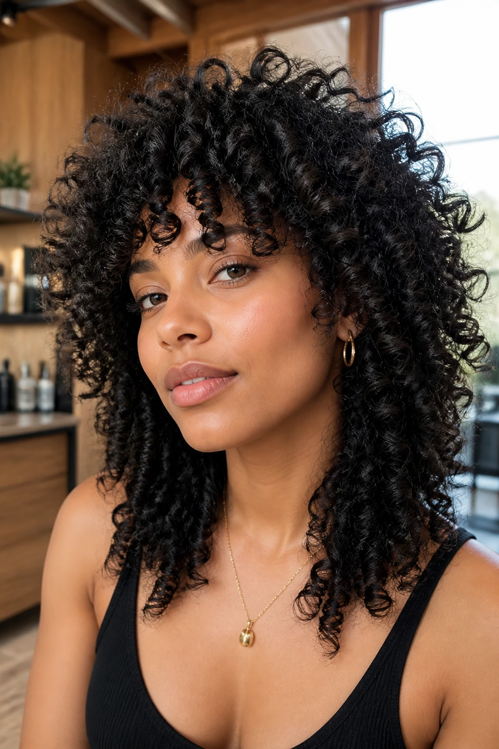 Close-up portrait of a real woman with dense curly coils in Curly Wolf for Dense Coils