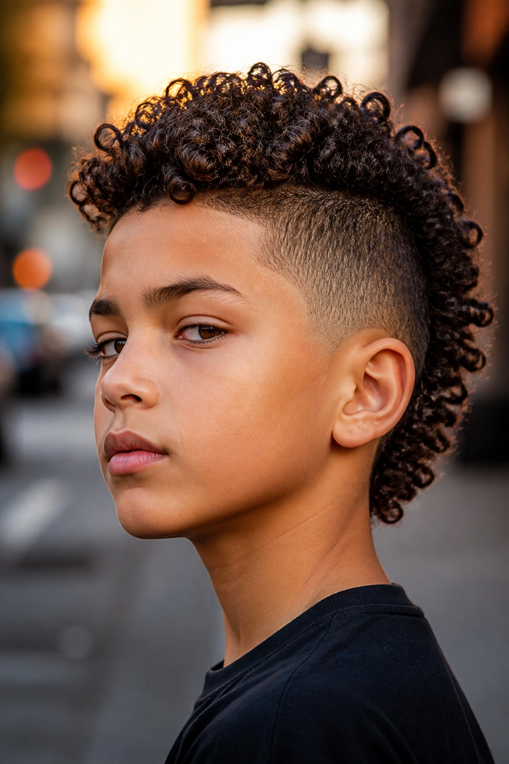 Portrait of a boy with curly mohawk and tapered sides