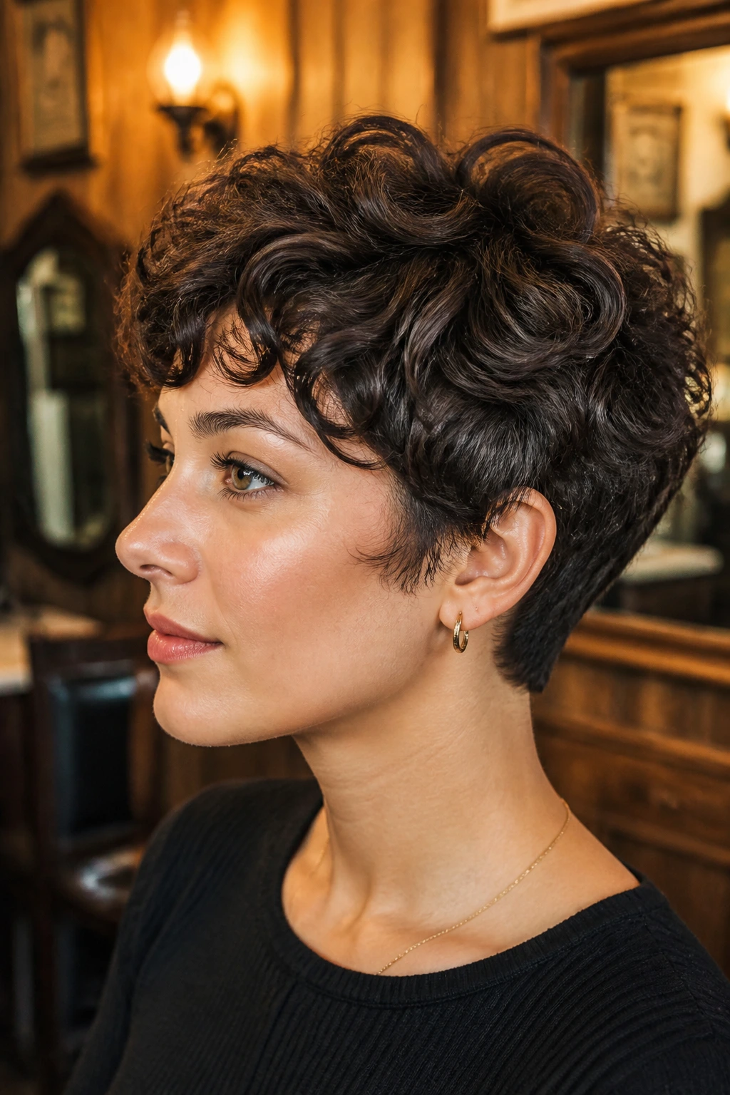 Close-up portrait of a real woman with curly shingle pixie