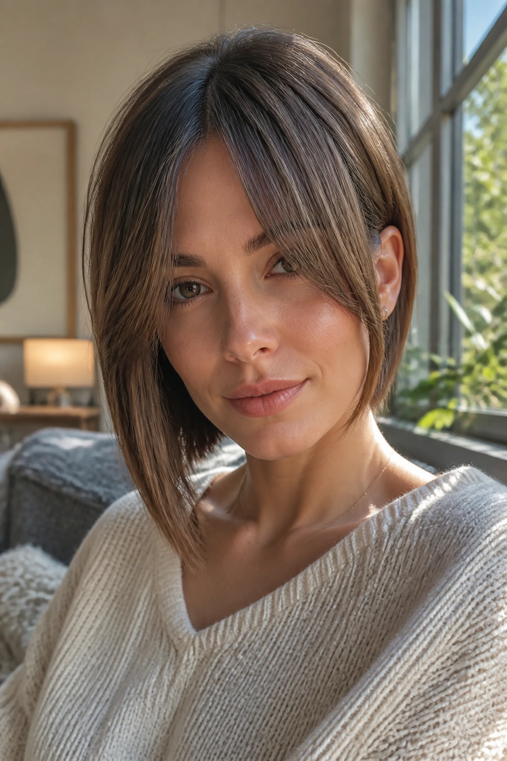 Portrait of a real woman with curtain bangs blending into the longer front pieces of an asymmetrical bob.