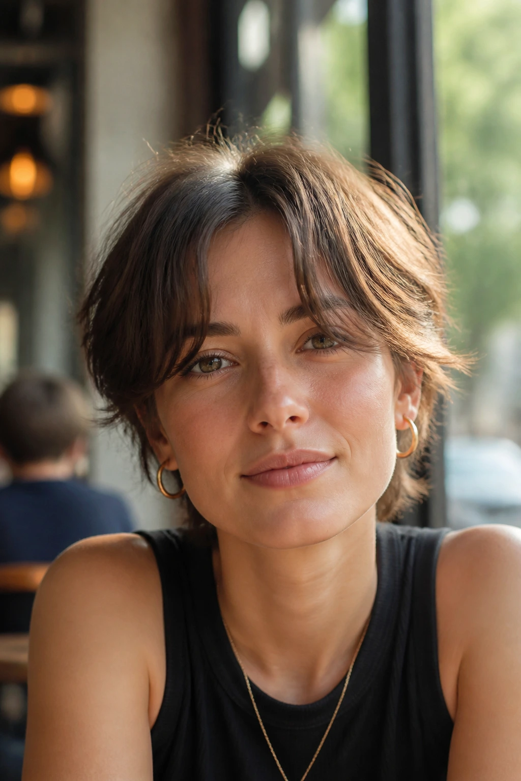 Close-up portrait of a real woman with curtain-bang bixie hairstyle in natural light.