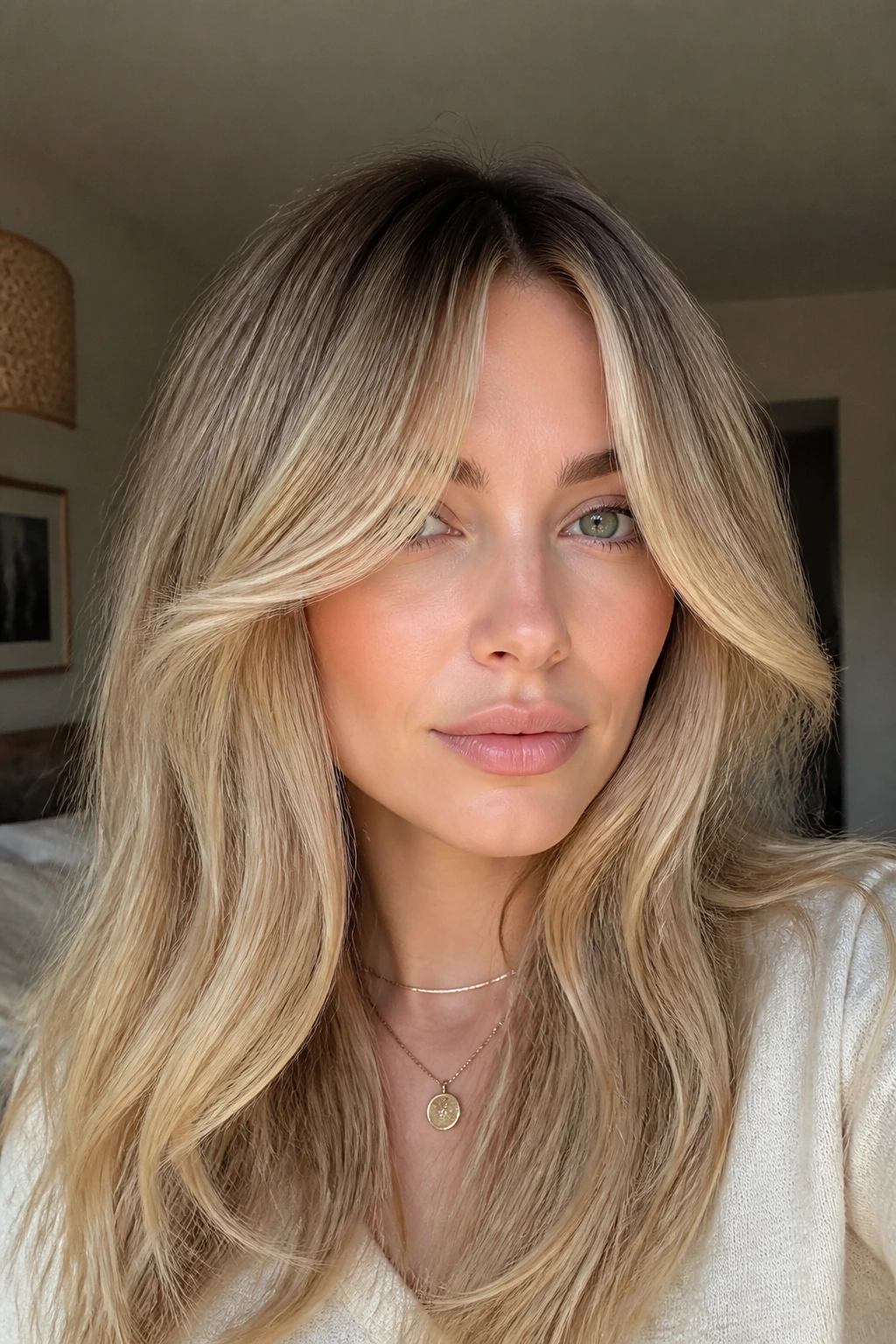 Close-up portrait of a real woman with curtain bangs blonde hair framing the face