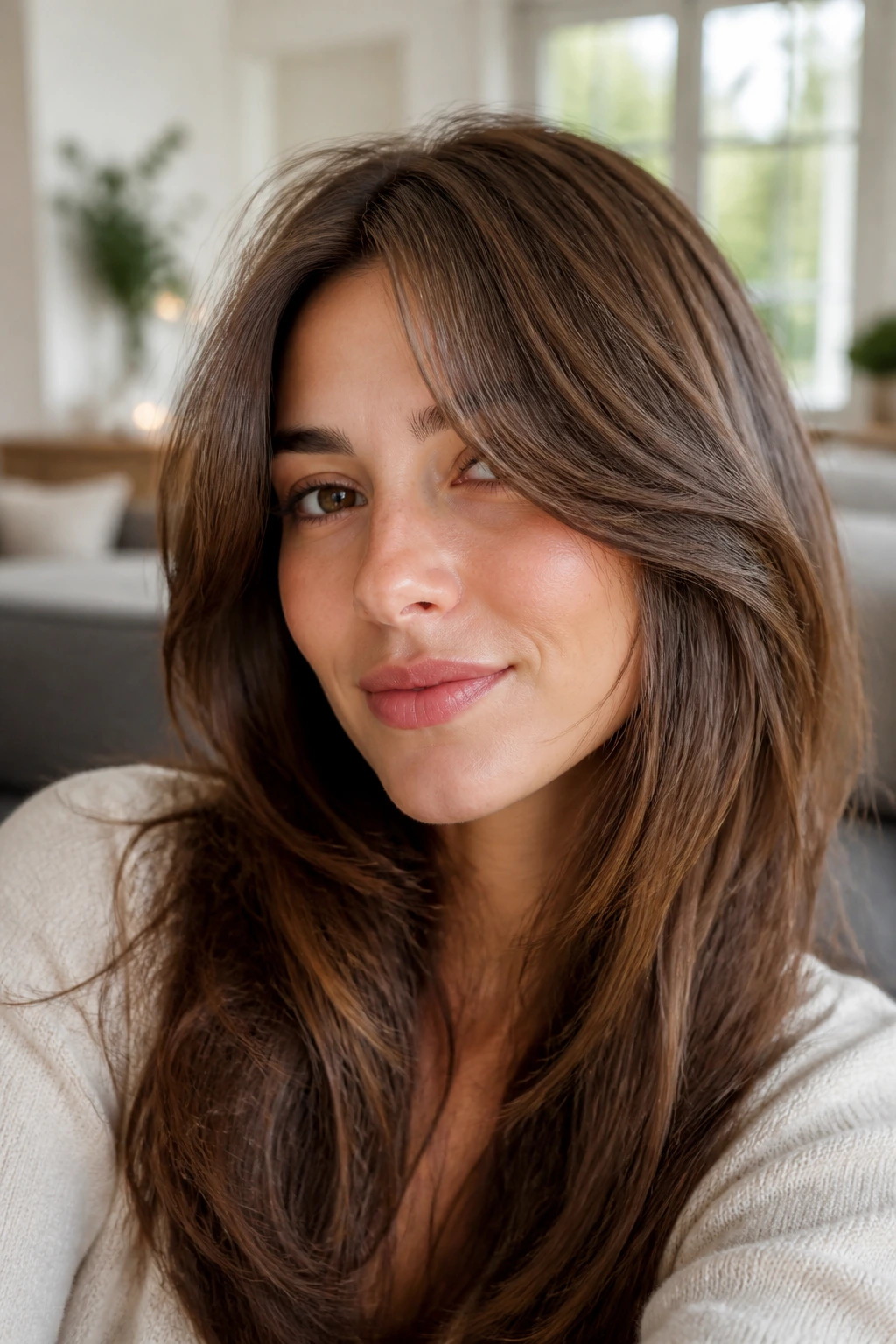 Close-up portrait of a real person with curtain bangs blown out and framing the face.