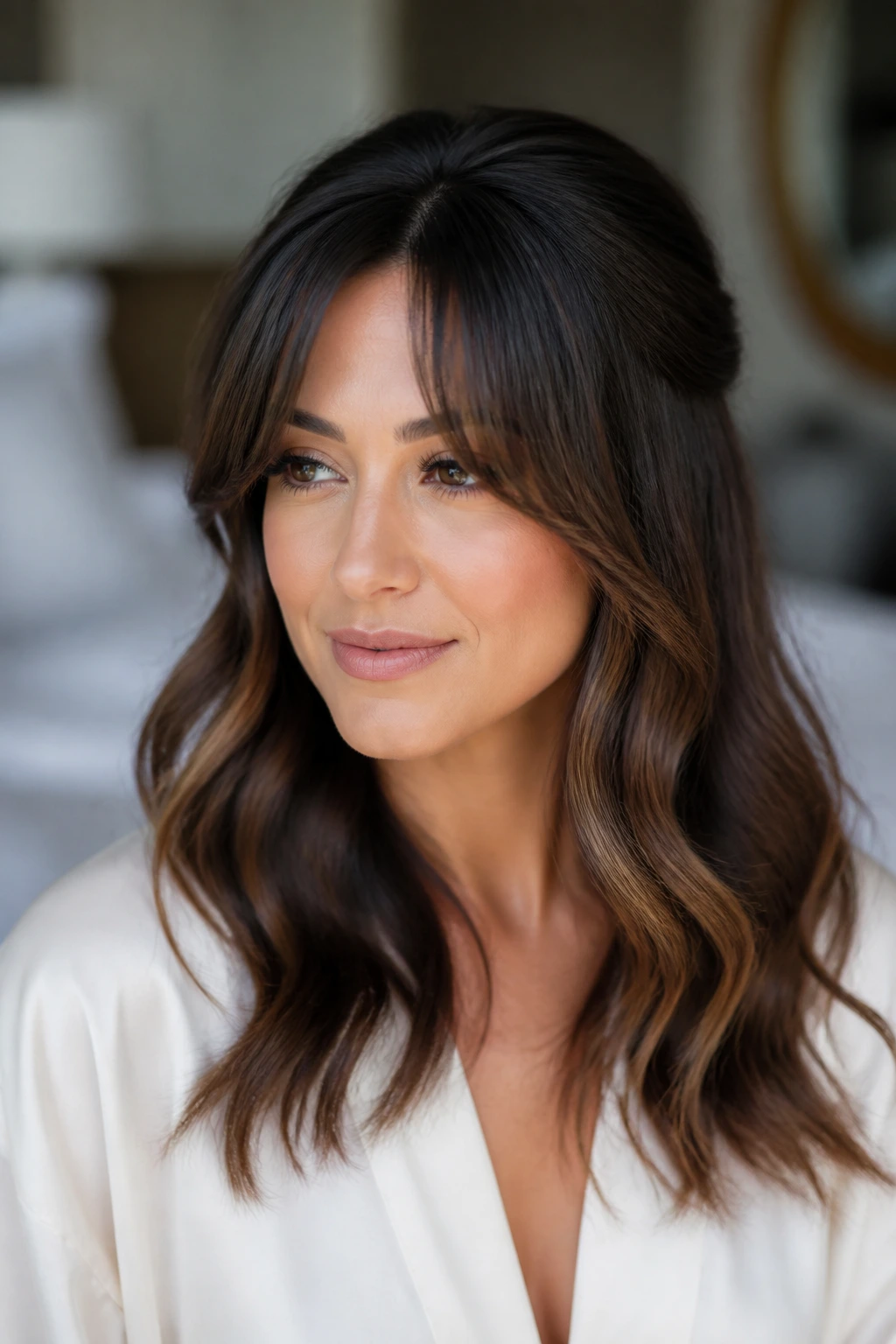 Medium close-up of a real woman with curtain bangs and a voluminous blowout