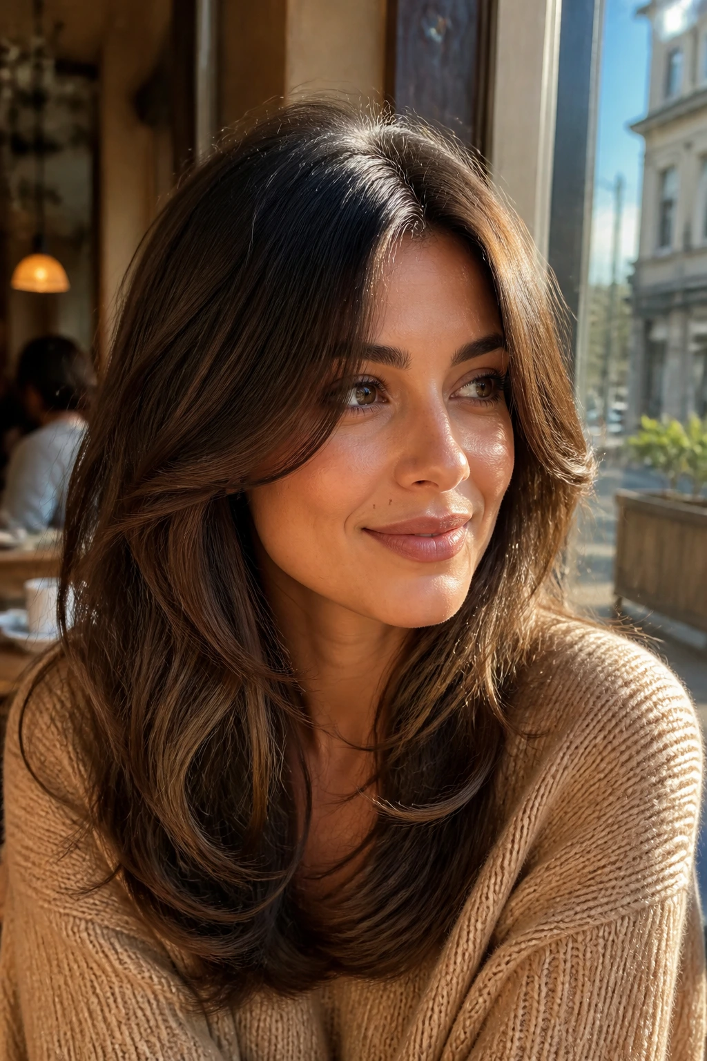 Real woman with curtain bangs and a soft center part in a sunlit cafe setting