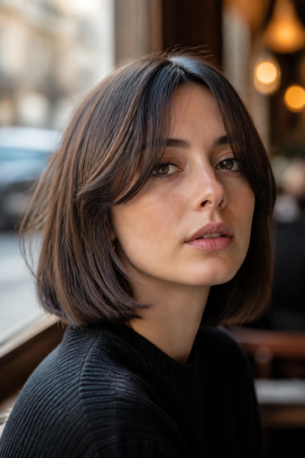 Portrait of a real woman with curtain bangs and blunt bob, mid-face framing