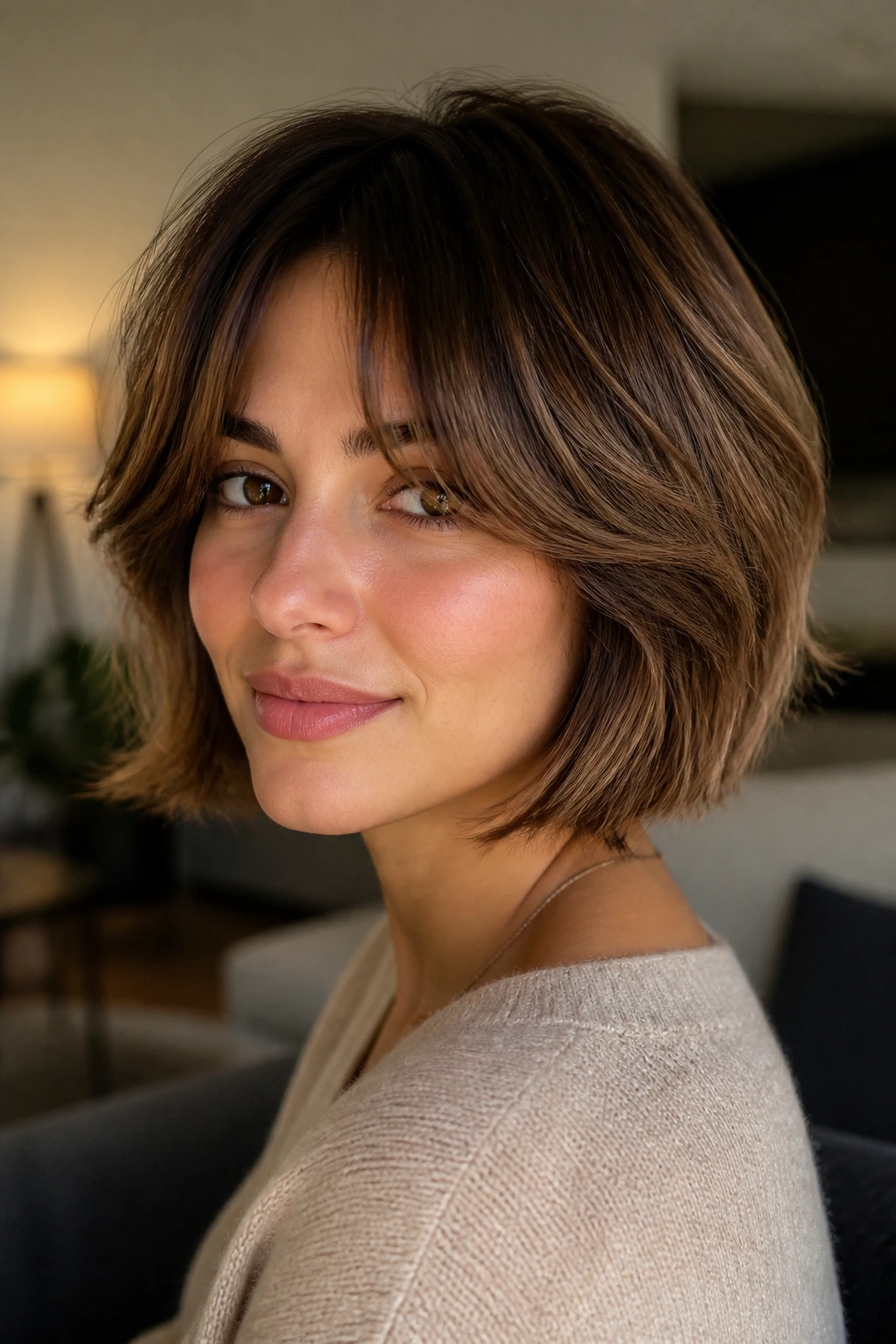 Close-up of a real woman with curtain bangs and a softly swept bob