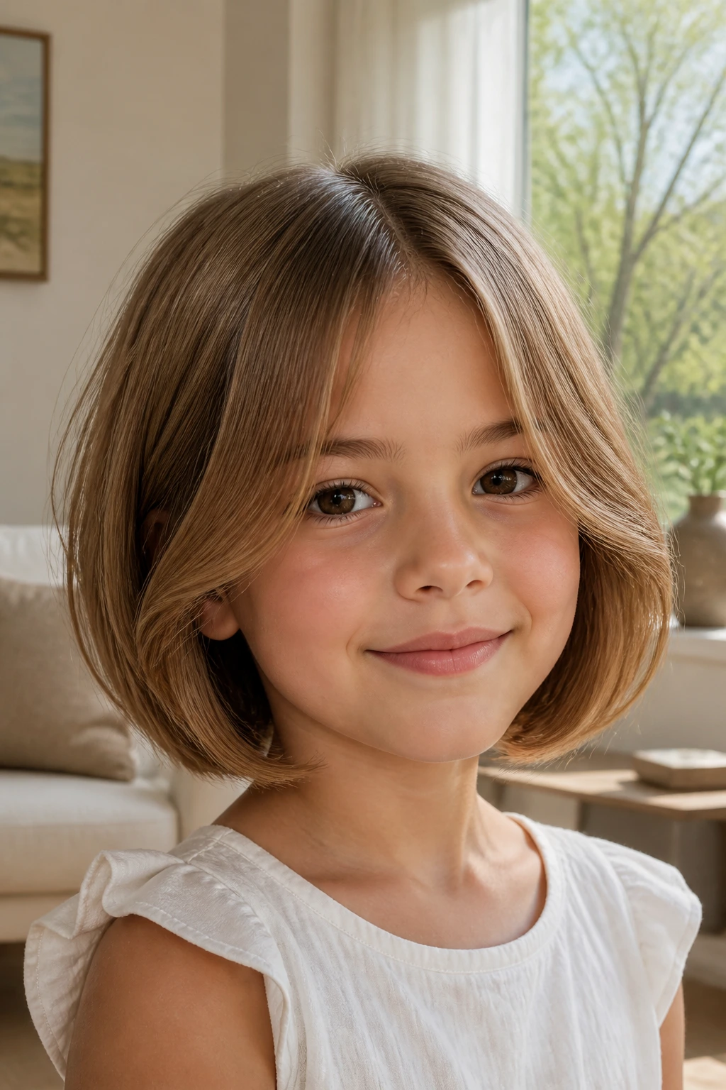 Close-up portrait of a real girl with curtain bangs and a bob.