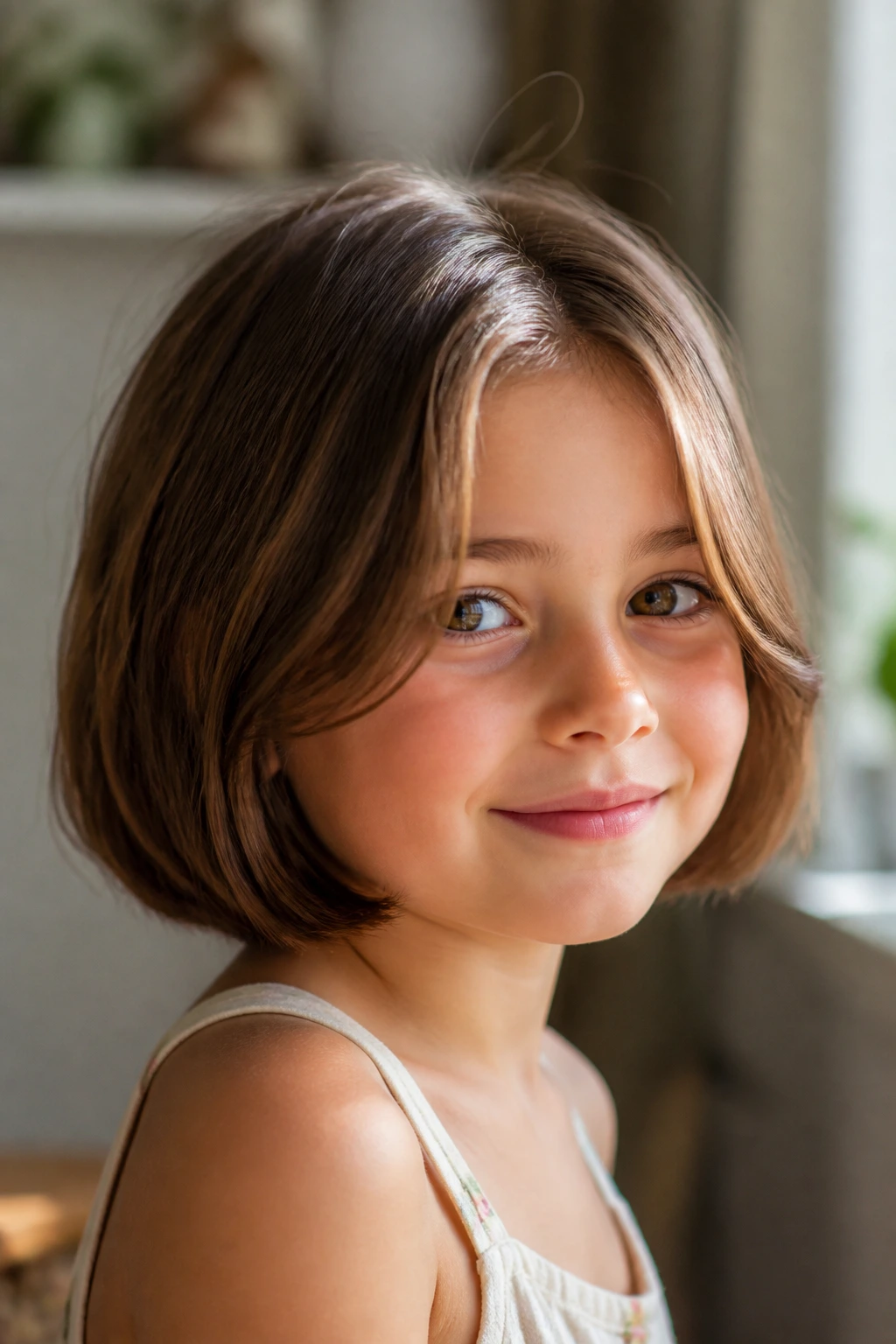 Close-up of a child with curtain-bang bob and soft center part by a window