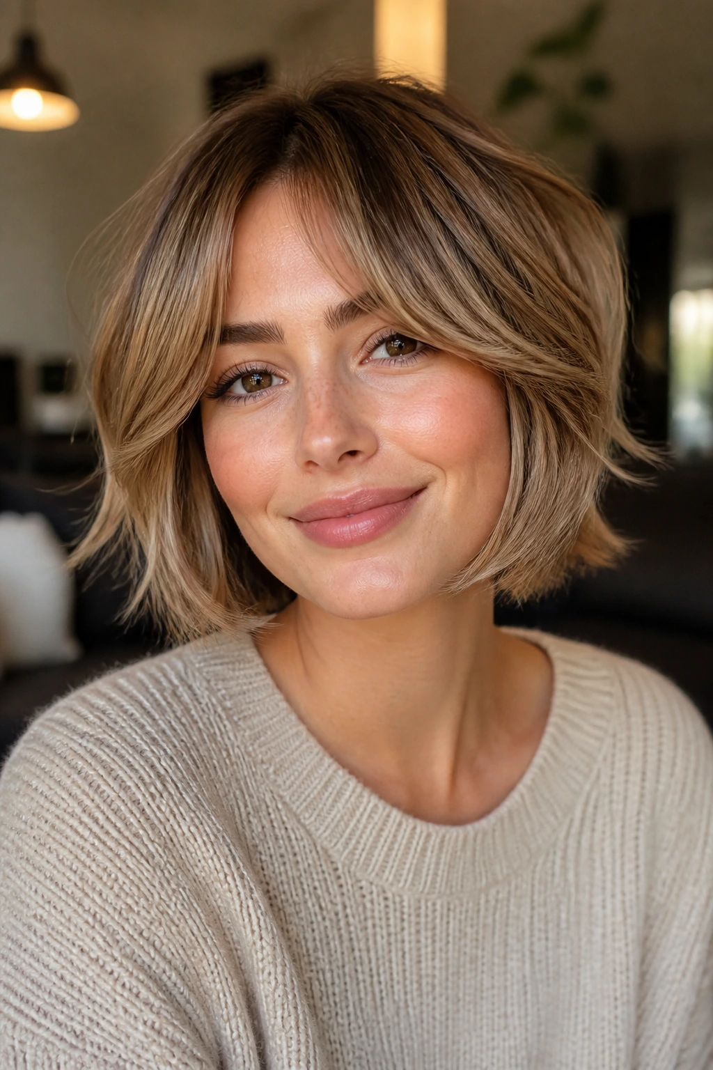 Real woman with curtain-bang bob and feathery ends in warm window light