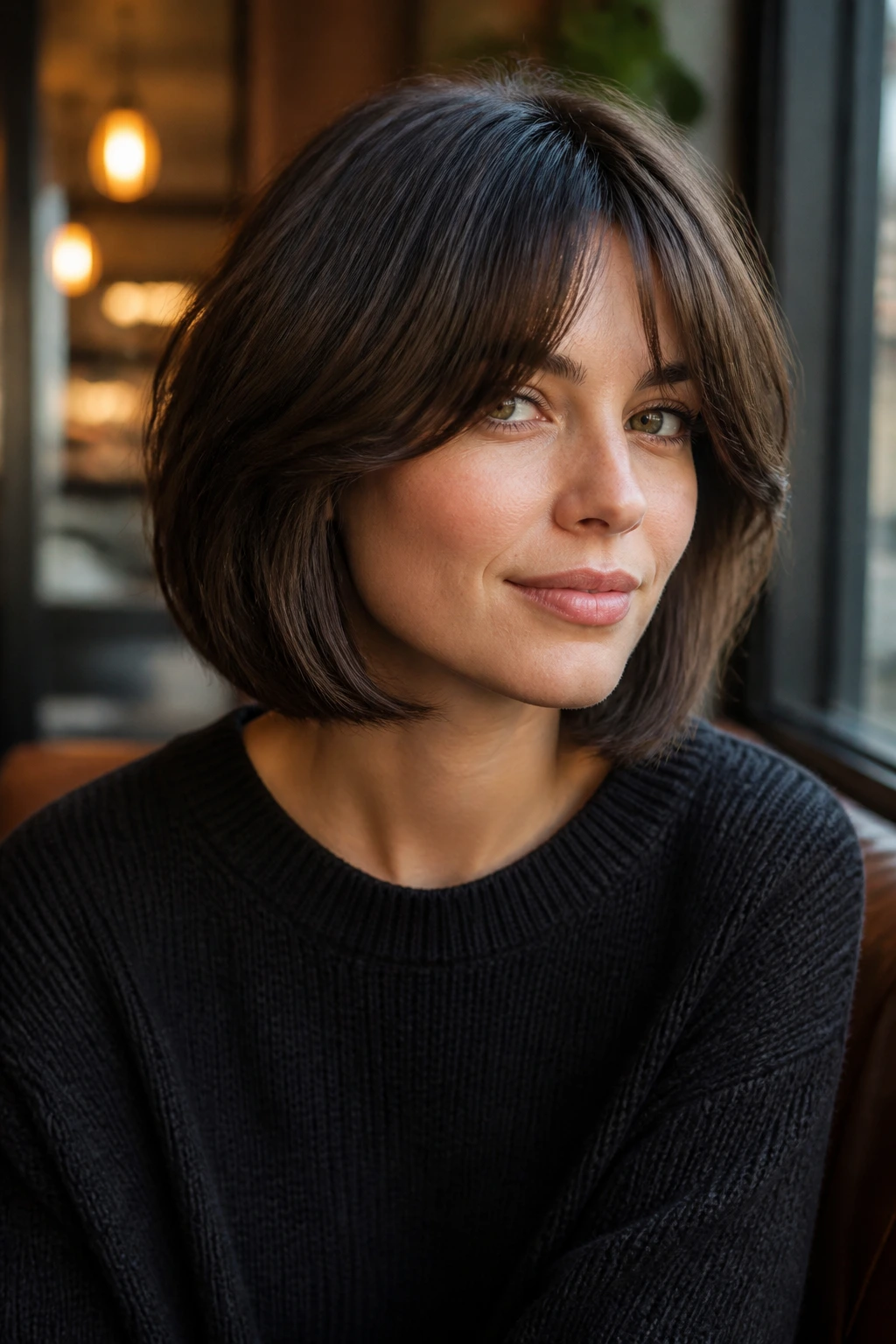 Woman with curtain bang bob in a warm cafe setting.