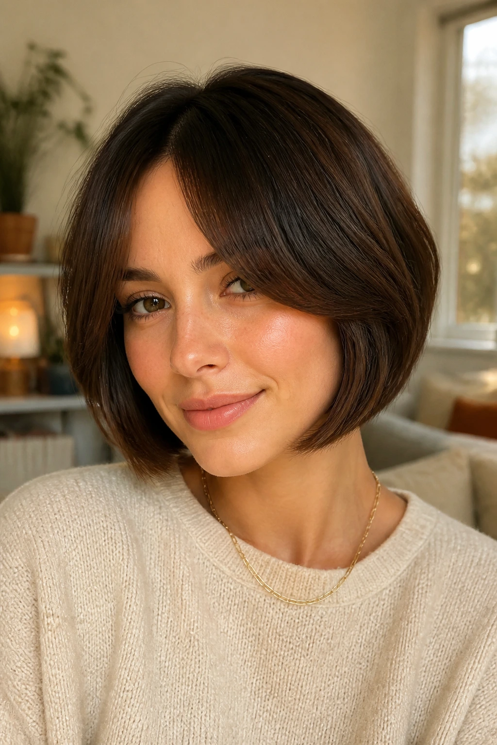 Close-up portrait of a real woman with a curtain-bang bob hairstyle in soft window light