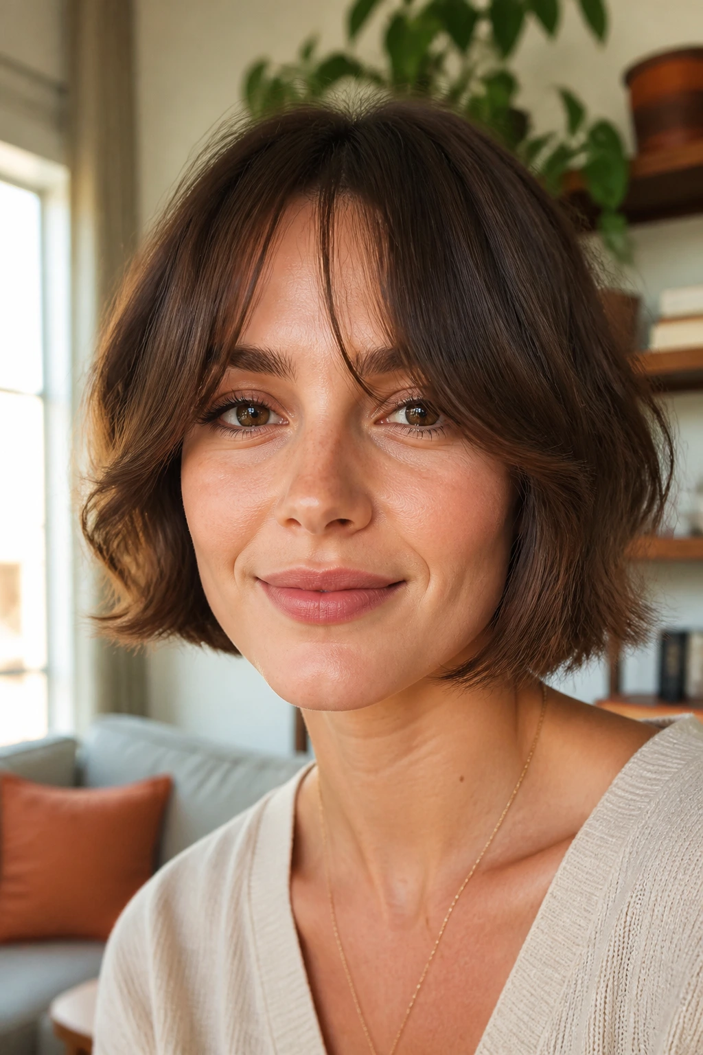 Real person with curtain-bang bob and softly parted bangs.