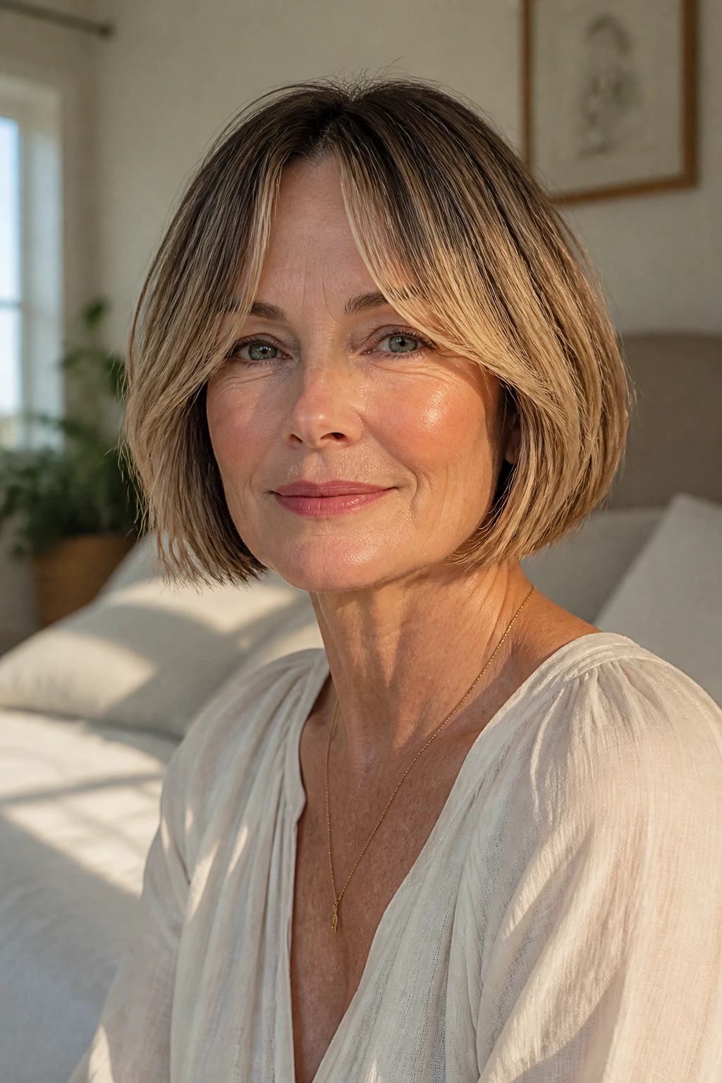 Close-up portrait of a woman with curtain-bang bob illuminated by warm window light