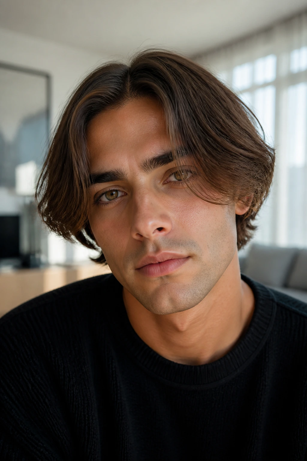 Close-up portrait of a real man with curtain-bang bob in bright living room